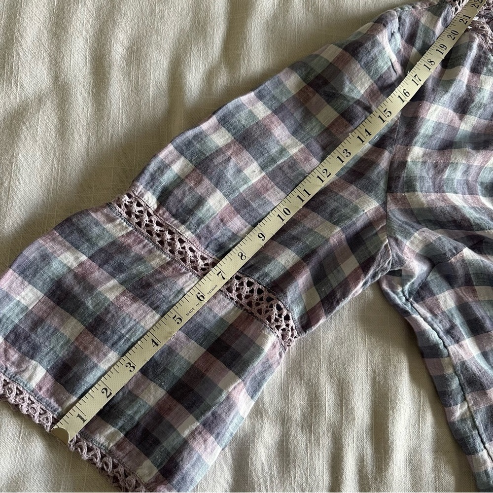 Chico’s Size 3 Crochet-Detail Gingham Linen Popover Top Purple Boho Peasant - Picture 8 of 13